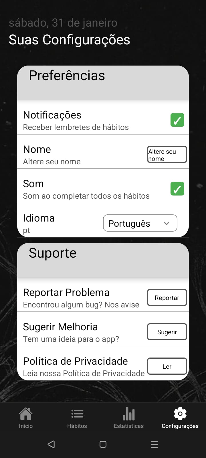 Configurações e personalização